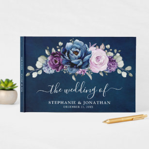 Dusty Blue Purple Navy Lilac Blooms Wedding Guest  Guest Book