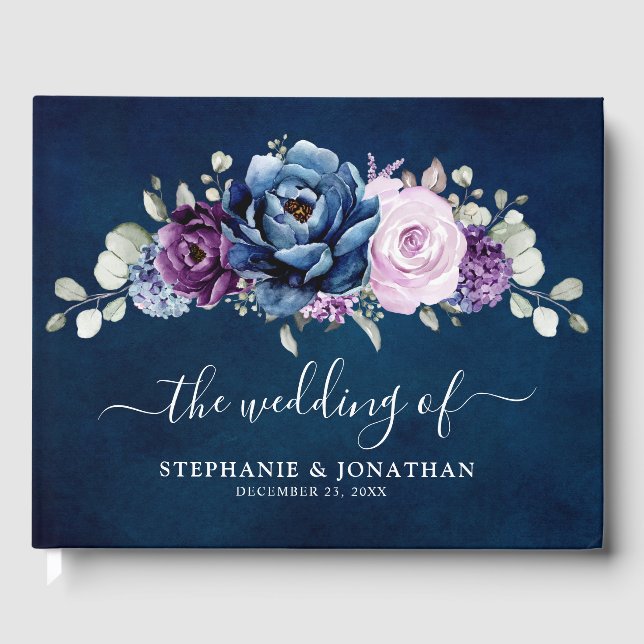 Dusty Blue Purple Navy Lilac Blooms Wedding Guest  Guest Book (Front)
