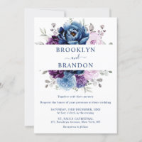 Dusty Blue Purple Navy Lilac Blooms Wedding Invita