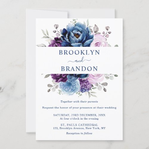 Dusty Blue Purple Navy Lilac Blooms Wedding Invita Invitation