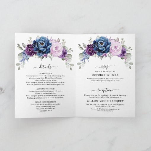 Dusty Blue Purple Navy Lilac Blooms Wedding Invita Invitation | Zazzle