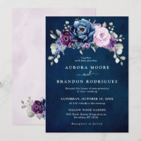 Dusty Blue Purple Navy Lilac Blooms Wedding Invita