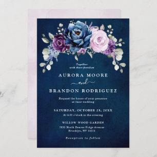 Dusty Blue Purple Navy Lilac Blooms Wedding Invita Invitation