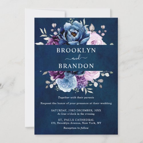 Dusty Blue Purple Navy Lilac Blooms Wedding Invita Invitation