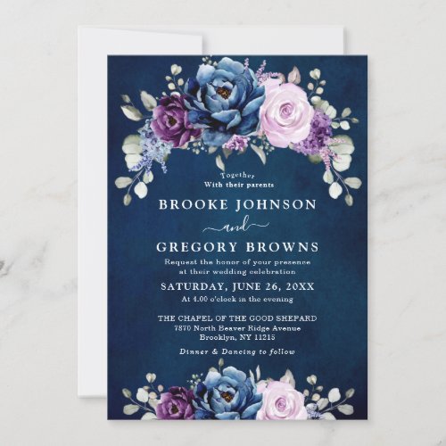 Dusty Blue Purple Navy Lilac Blooms Wedding Invita Invitation