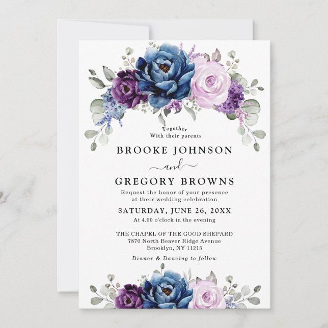 Dusty Blue Purple Navy Lilac Blooms Wedding Invitation (Front)