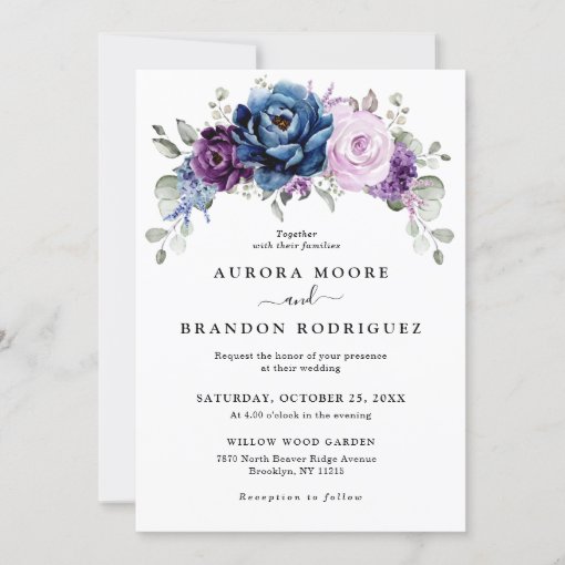 Dusty Blue Purple Navy Lilac Blooms Wedding Invitation | Zazzle