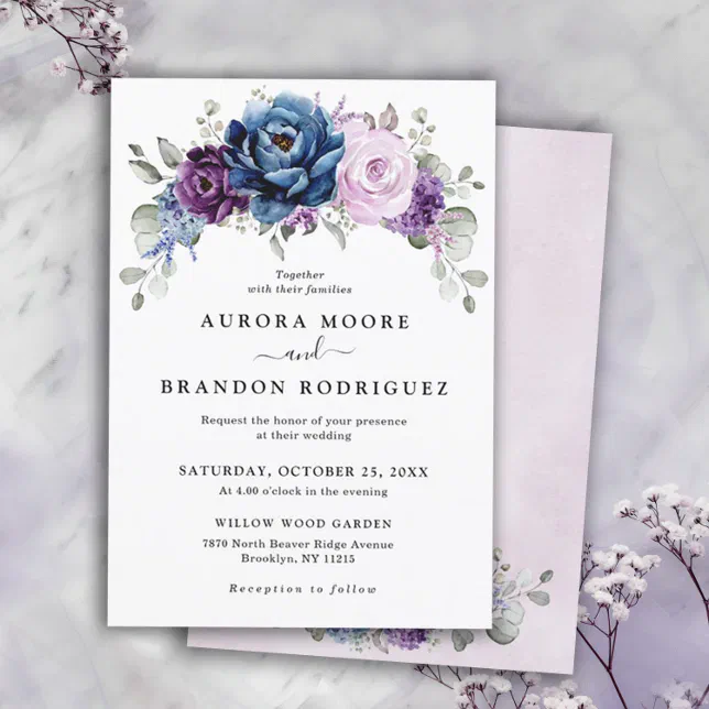 Dusty Blue Purple Navy Lilac Blooms Wedding Invitation | Zazzle