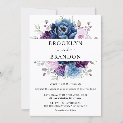 Dusty Blue Purple Navy Lilac Blooms Wedding Invitation
