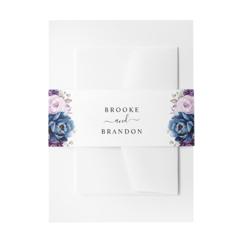 Dusty Blue Purple Navy Lilac Blooms Wedding Invitation Belly Band