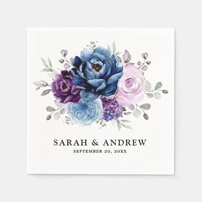 Dusty Blue Purple Navy Lilac Blooms Wedding Napkins (Front)