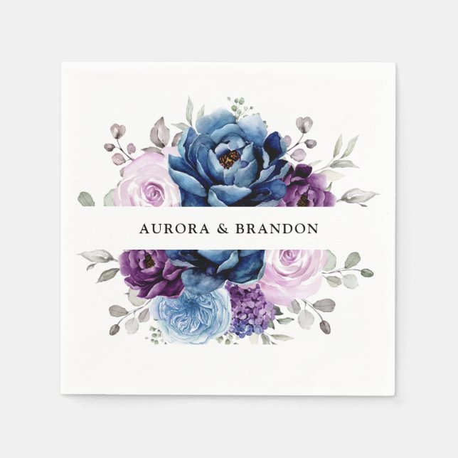 Dusty Blue Purple Navy Lilac Blooms Wedding Napkins (Front)