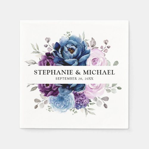 Dusty Blue Purple Navy Lilac Blooms Wedding Napkins
