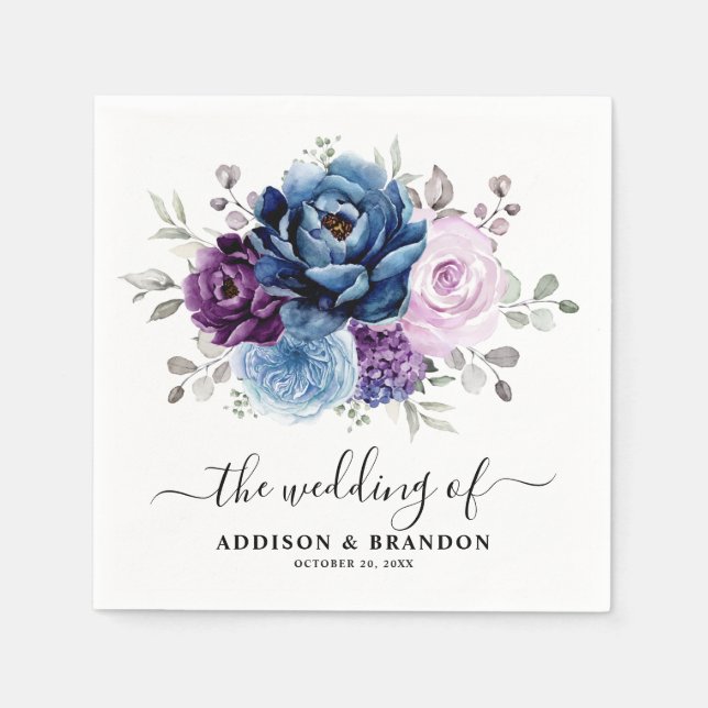 Dusty Blue Purple Navy Lilac Blooms Wedding Napkins (Front)