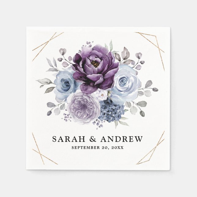 Dusty Blue Purple Navy Lilac Blooms Wedding Napkins (Front)