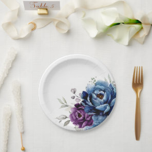 Dusty Blue Purple Navy Lilac Blooms Wedding Paper Plates