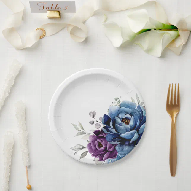 Dusty Blue Purple Navy Lilac Blooms Wedding Paper Plates Zazzle