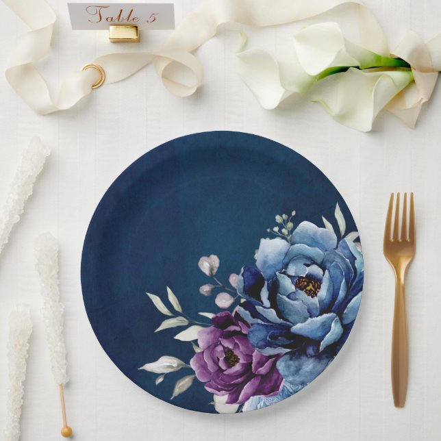 Dusty Blue Purple Navy Lilac Blooms Wedding Paper  Plates (Wedding)