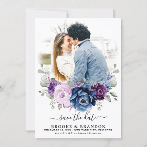 Dusty Blue Purple Navy Lilac Blooms Wedding Photo Save The Date