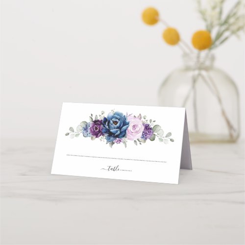 Dusty Blue Purple Navy Lilac Blooms Wedding Place Card