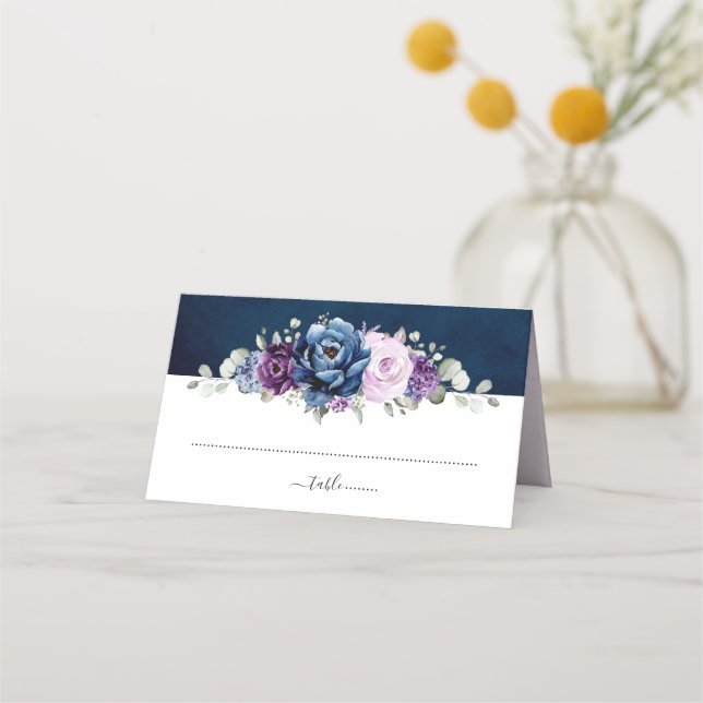 Dusty Blue Purple Navy Lilac Blooms Wedding Place  Card (Front)