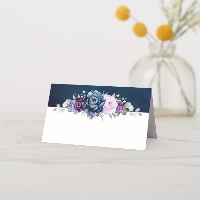 Dusty Blue Purple Navy Lilac Blooms Wedding Place  Card (Front)