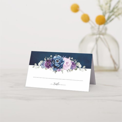Dusty Blue Purple Navy Lilac Blooms Wedding Place  Place Card