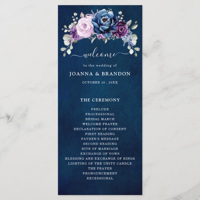 Dusty Blue Purple Navy Lilac Blooms Wedding Progra Program (Front)