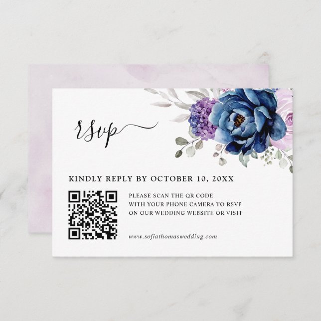 Dusty Blue Purple Navy Lilac Blooms  Wedding QR RSVP Card (Front/Back)