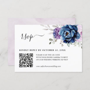 Dusty Blue Purple Navy Lilac Blooms Wedding QR RSVP Card