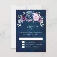Dusty Blue Purple Navy Lilac Blooms Wedding RSVP C