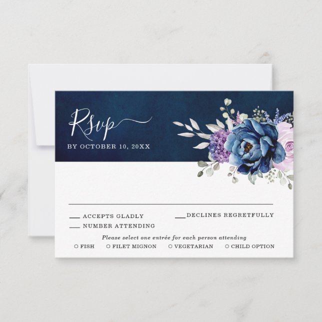 Dusty Blue Purple Navy Lilac Blooms Wedding RSVP C (Front)