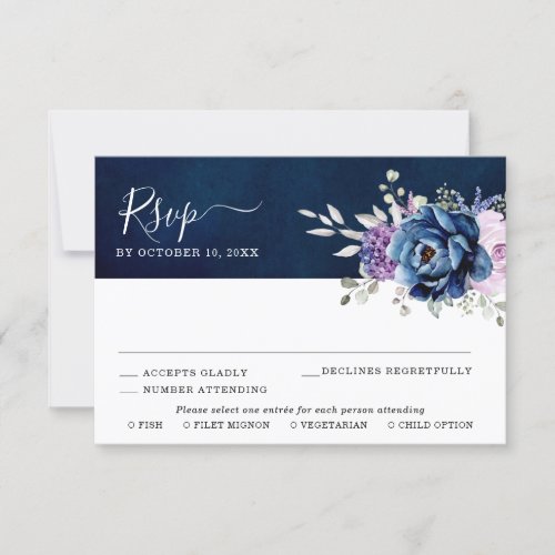 Dusty Blue Purple Navy Lilac Blooms Wedding RSVP C