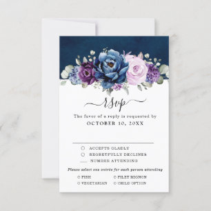 Dusty Blue Purple Navy Lilac Blooms Wedding RSVP C