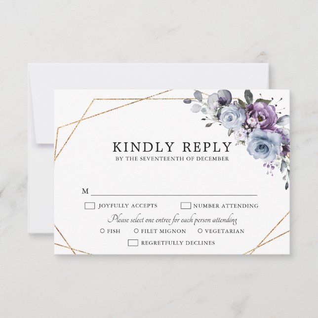 Dusty Blue Purple Navy Lilac Blooms Wedding RSVP C Card (Front)