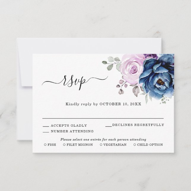 Dusty Blue Purple Navy Lilac Blooms Wedding RSVP Card (Front)