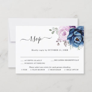 Dusty Blue Purple Navy Lilac Blooms Wedding RSVP Card