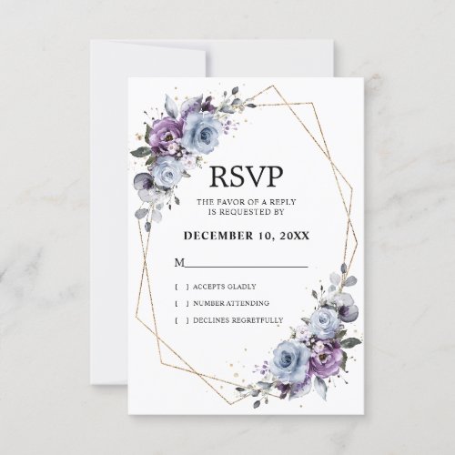 Dusty Blue Purple Navy Lilac Blooms Wedding RSVP Card