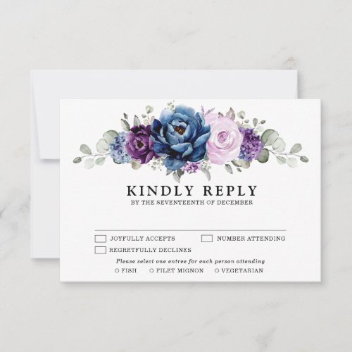 Dusty Blue Purple Navy Lilac Blooms Wedding RSVP Card
