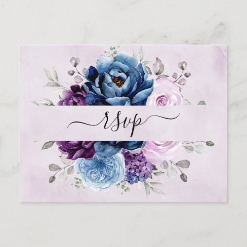 Dusty Blue Purple Navy Lilac Blooms Wedding RSVP P Postcard