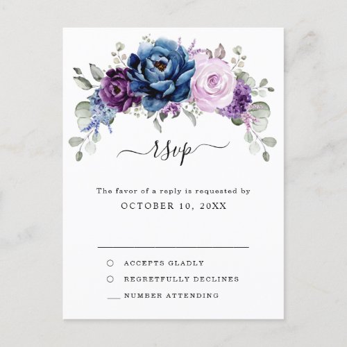 Dusty Blue Purple Navy Lilac Blooms Wedding RSVP Postcard