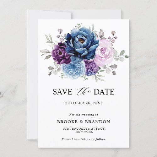 Dusty Blue Purple Navy Lilac Blooms Wedding Save The Date