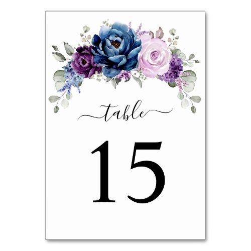 Dusty Blue Purple Navy Lilac Blooms Wedding Table Number