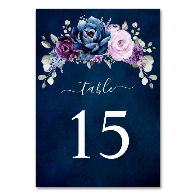 Dusty Blue Purple Navy Lilac Blooms Wedding Table  Table Number (Front)