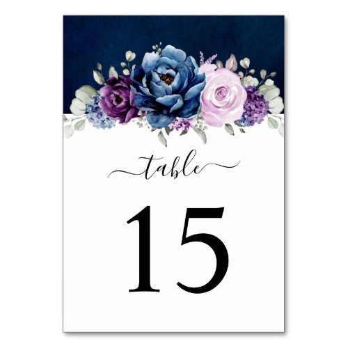 Dusty Blue Purple Navy Lilac Blooms Wedding Table  Table Number