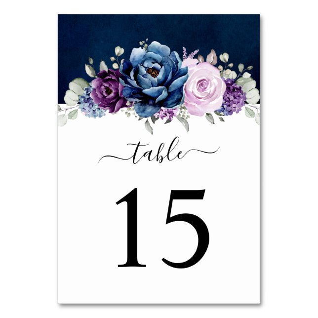 Dusty Blue Purple Navy Lilac Blooms Wedding Table  Table Number (Front)