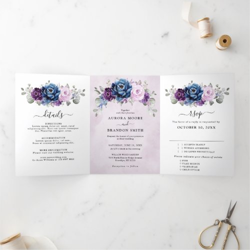 Dusty Blue Purple Navy Lilac Blooms Wedding Tri_Fo Tri_Fold Announcement