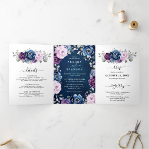 Dusty Blue Purple Navy Lilac Blooms Wedding Tri-Fo Tri-Fold Announcement
