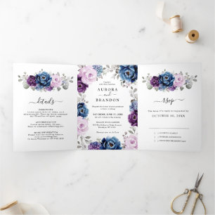 Dusty Blue Purple Navy Lilac Blooms Wedding Tri-Fold Announcement