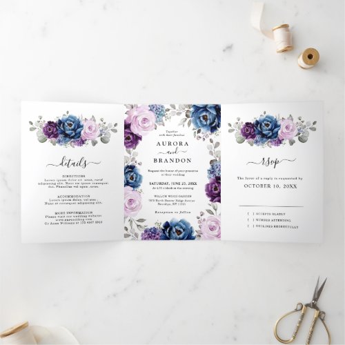 Dusty Blue Purple Navy Lilac Blooms Wedding Tri_Fold Announcement